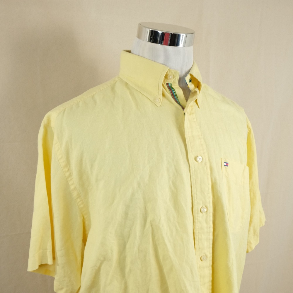 Tommy Hilfiger Large  Linen Blend Button Down Shirt Yellow Shrot Sleeve Mens